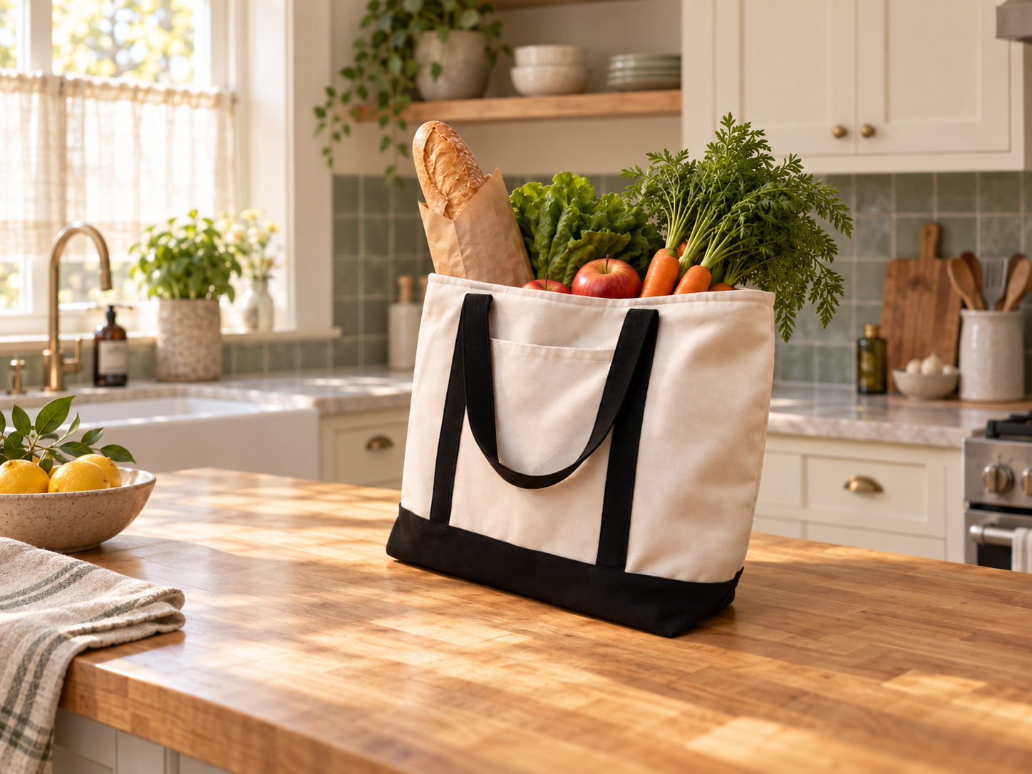 Ivory canvas tote filled with bread and fresh produce on a sunlit kitchen counter