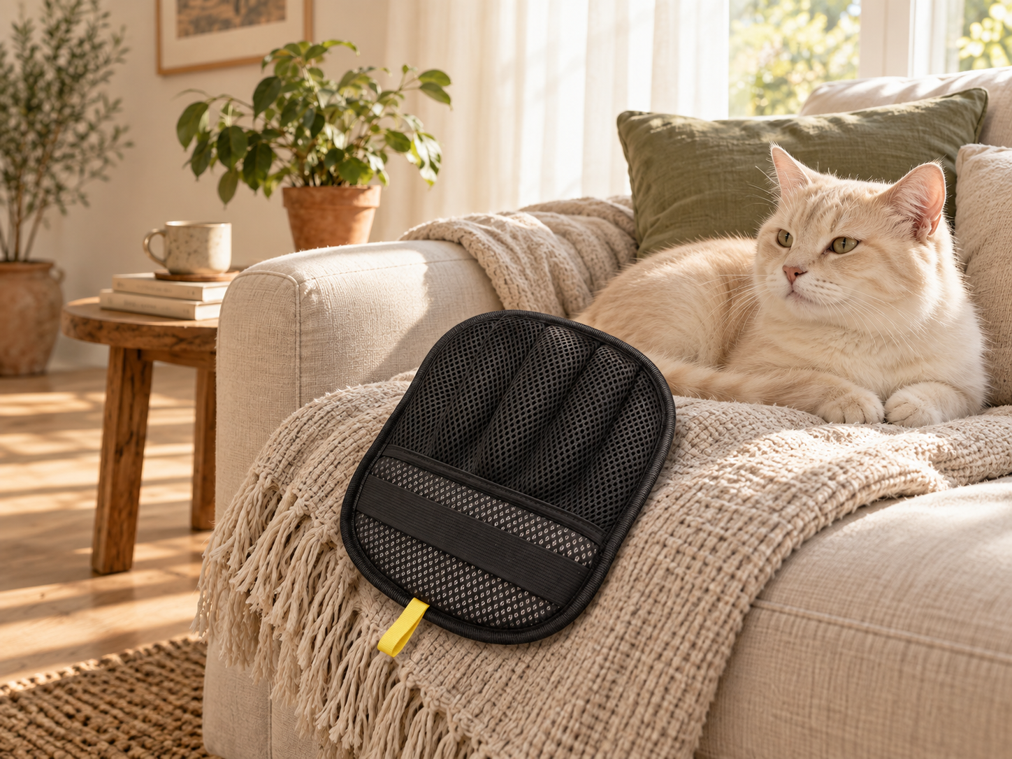 Black pet hair removal mitt on a cream throw beside a resting cat